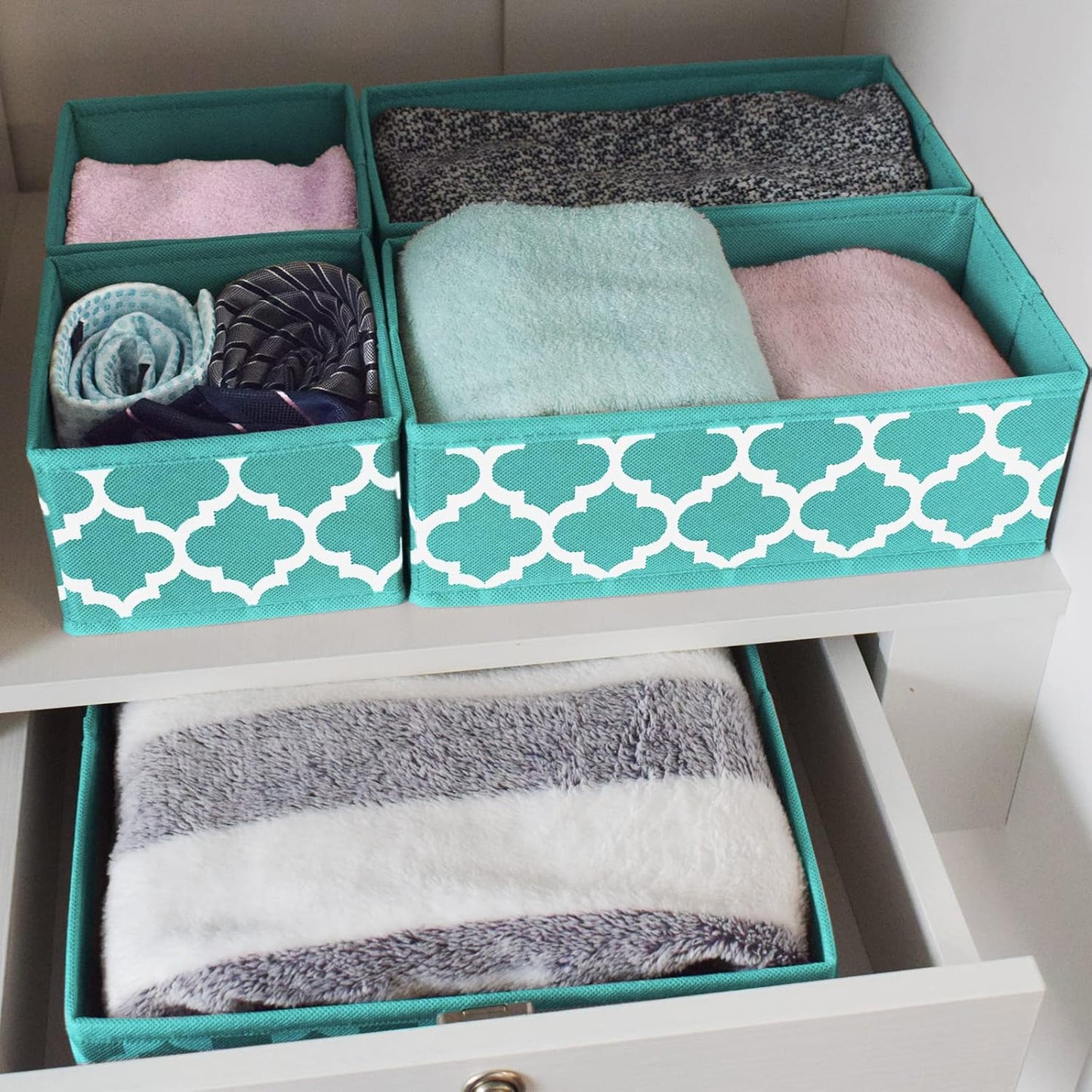 Underwear Drawer Organizer for Clothing - Fabric Drawer Dividers Box, Foldable Dresser Basket Storage Bins for Bra, Socks, Lingerie, Baby Clothes, Bedroom, Set of 6 (Blue Lantern Printing)
