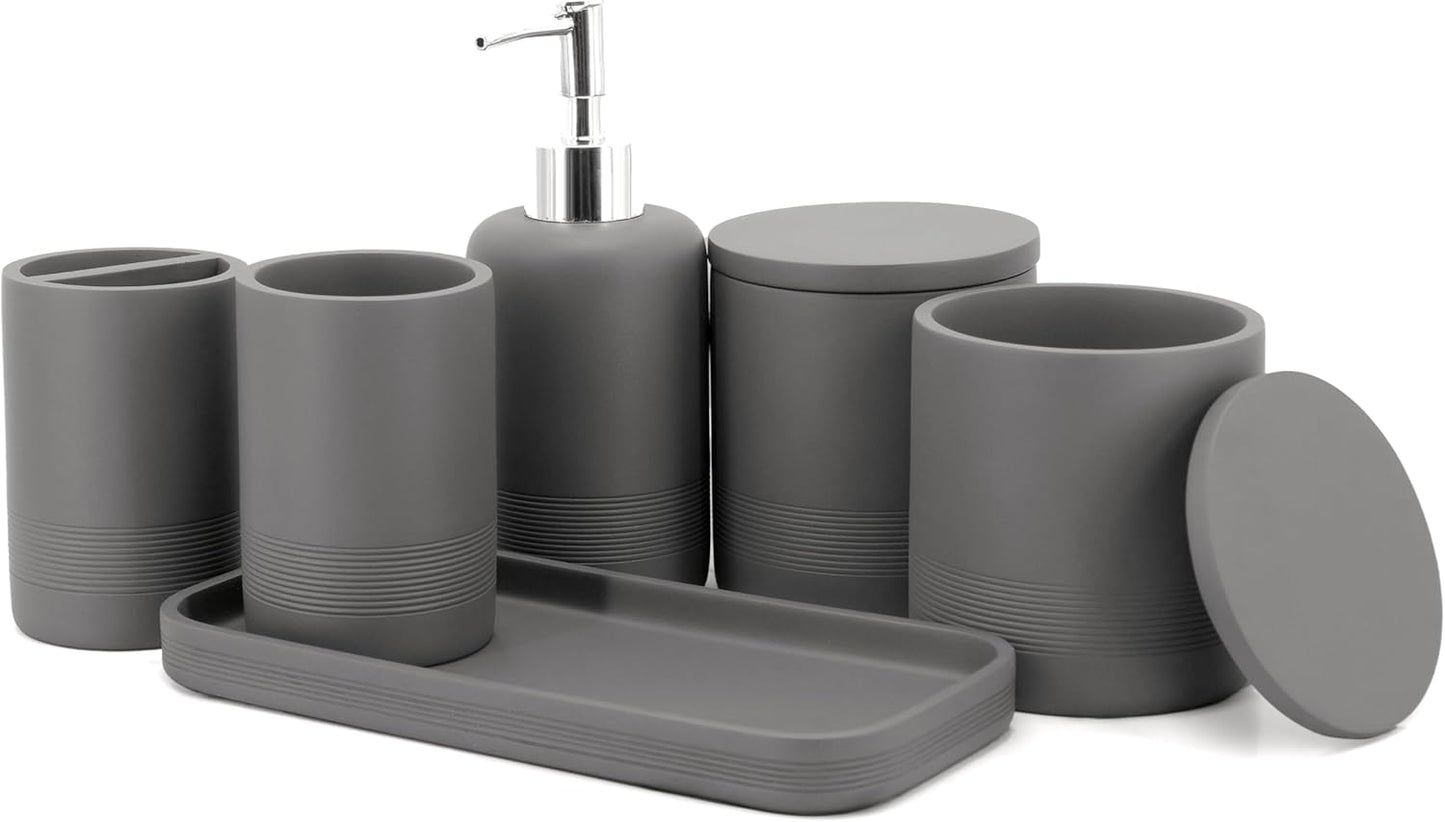 - Black Bathroom Accessories Set 4 Pcs - Toothbrush Holder, Soap Dispenser, Vanity Tray, Bathroom Tumbler - Countertop Vanity Organizer - Bathroom Accessory Set- Toothbrush Holder Set, Stone Sets