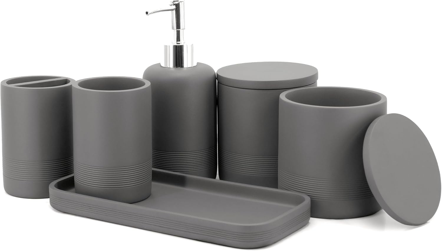- Black Bathroom Accessories Set 4 Pcs - Toothbrush Holder, Soap Dispenser, Vanity Tray, Bathroom Tumbler - Countertop Vanity Organizer - Bathroom Accessory Set- Toothbrush Holder Set, Stone Sets