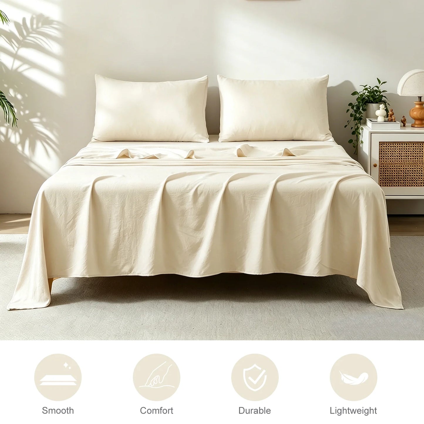 Bed Sheets Set 4 Piece King Sheet Set Cream Cotton Blend Fitted Sheet, Flat Sheet & 2 Pillowcases Bedding Set