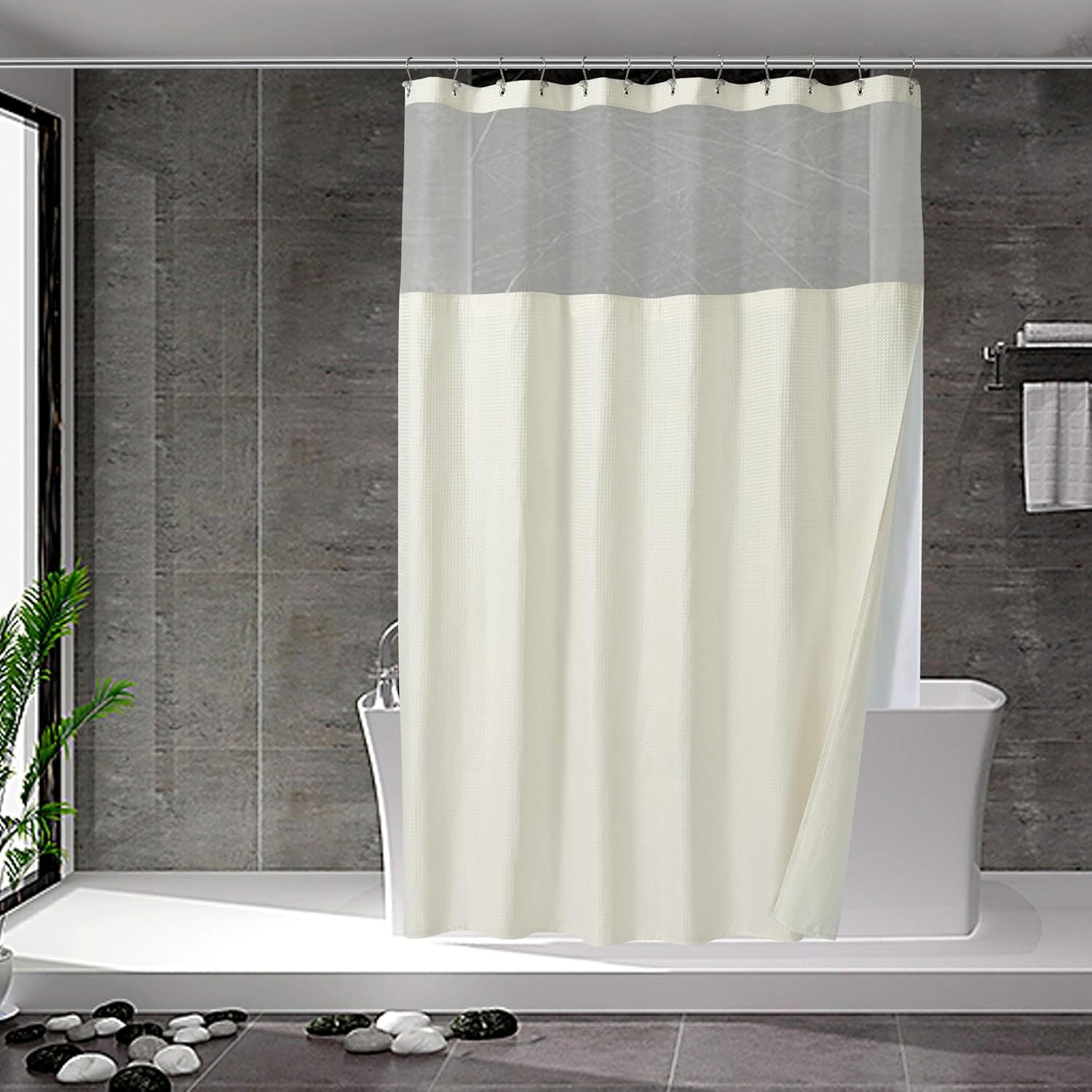Waffle Weave Shower Curtain with Snap-In Fabric Liner & Hooks Set - Hotel Style, Waterproof & Washable, Heavyweight Fabric & Mesh Top Window - 71X72, Sage Green