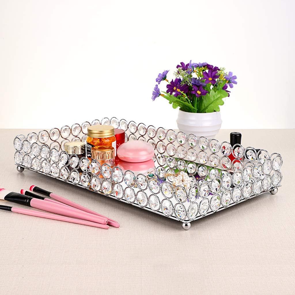 Crystal Cosmetic Vanity Tray, Mirrored Decorative Jewelry Organizer Tray for Perfume, Trinket, Makeup Display Dresser Home Decor (Large, Silver)
