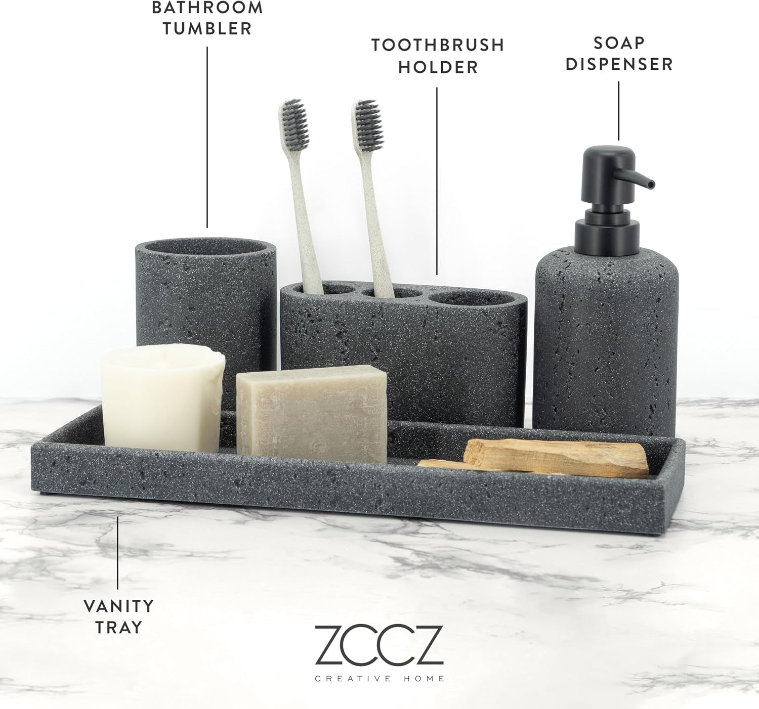 - Black Bathroom Accessories Set 4 Pcs - Toothbrush Holder, Soap Dispenser, Vanity Tray, Bathroom Tumbler - Countertop Vanity Organizer - Bathroom Accessory Set- Toothbrush Holder Set, Stone Sets