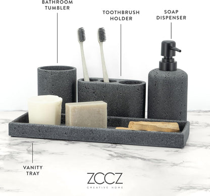 - Black Bathroom Accessories Set 4 Pcs - Toothbrush Holder, Soap Dispenser, Vanity Tray, Bathroom Tumbler - Countertop Vanity Organizer - Bathroom Accessory Set- Toothbrush Holder Set, Stone Sets