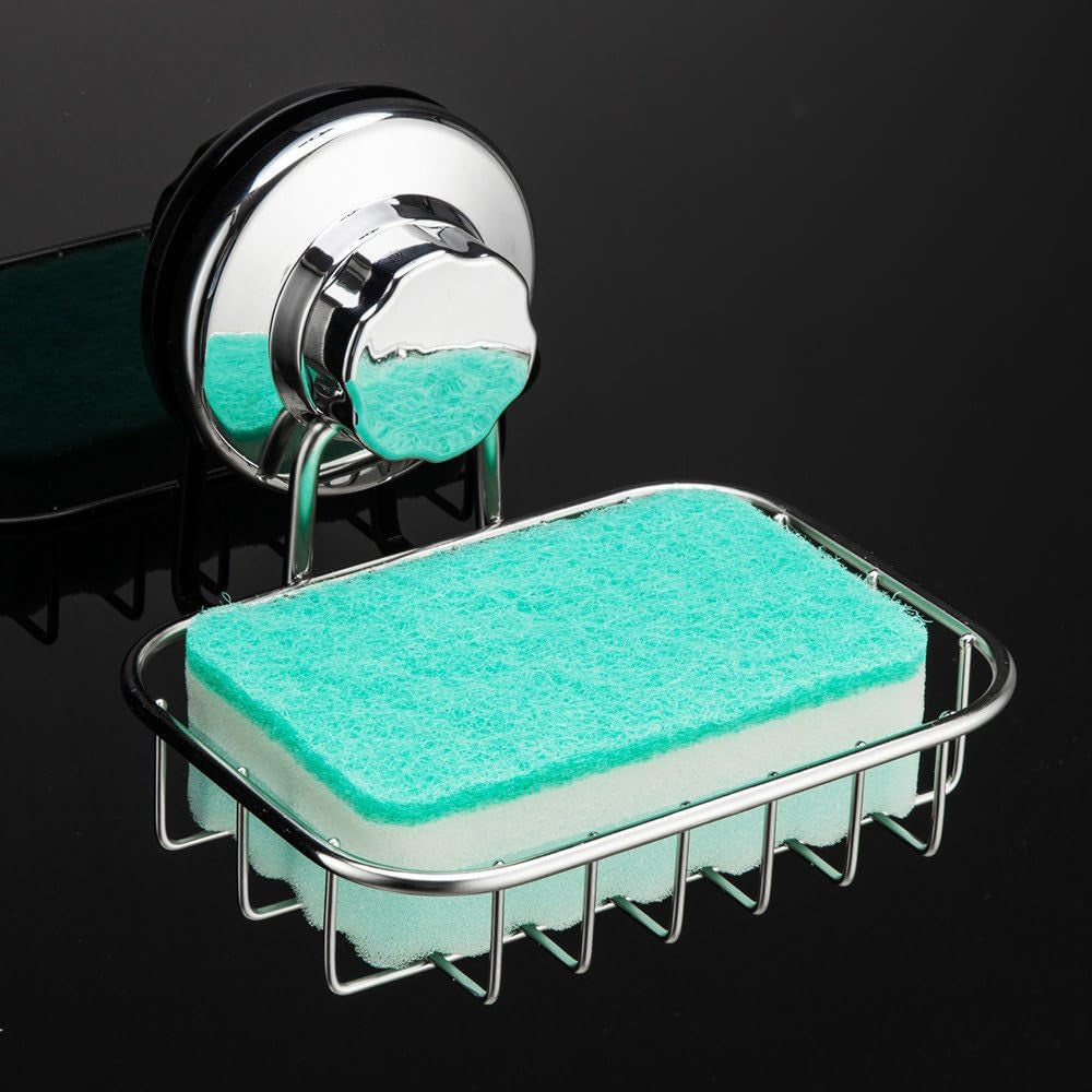 Suction Cup Soap Holder, Soap Dish Saver Tray Bar Soap Sponge Holder for Shower Wall, Bathroom, Tub and Kitchen Sink Stainless Steel