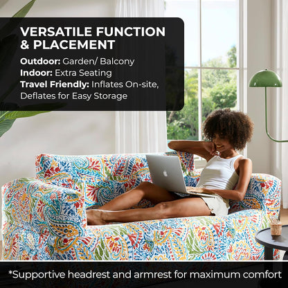 Inflatable Couch Air Sofa - Blow up Chair Portable with Handle & Tie-Down Loops, Weatherproof & Water Repellent Indoor/Outdoor Sofa for Patio, Camping, Pool, 67" Lx33 Wx28 D Multi