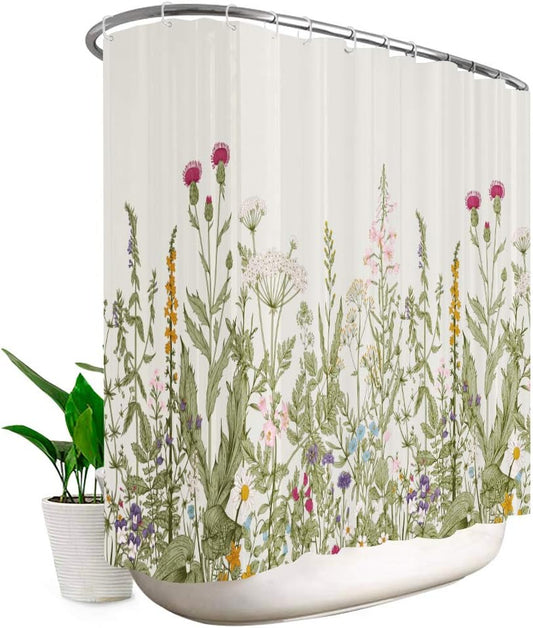 Extra Wide 108Wx72H Wildflower Clawfoot Tub 9Ft Shower Curtain 108 Inch 18 Metal Hooks Botanical Colorful Border Herbs Decor Bathroom Windows Balconies Fabric Polyester Waterproof