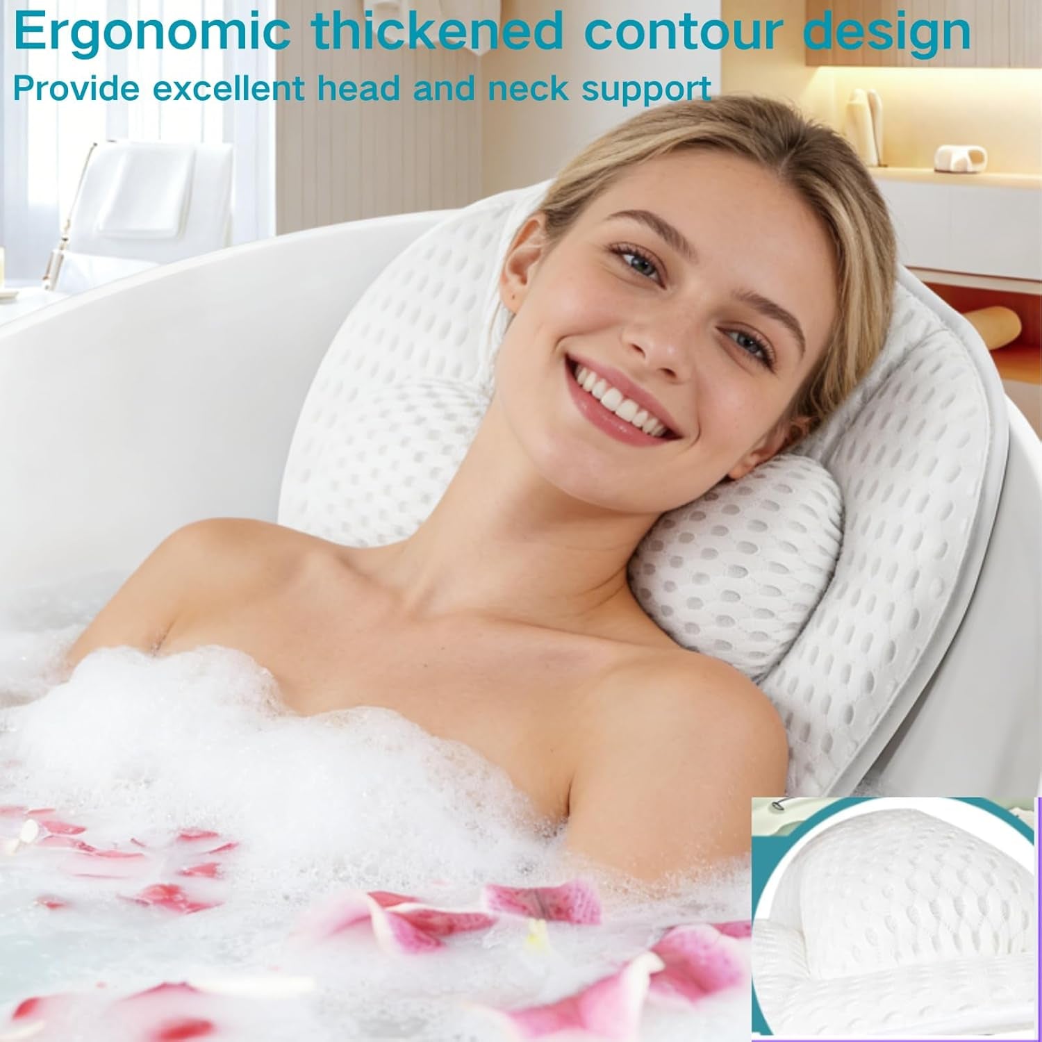 Bath Pillows for Tub,Luxury Bath Pillow for Neck and Back Support-With Comfortable Breathable Cotton 6 Non-Slip Suction (Regular Version)