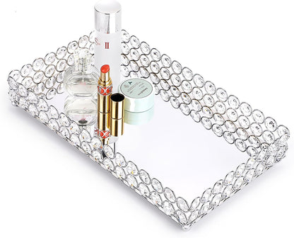 Crystal Cosmetic Vanity Tray, Mirrored Decorative Jewelry Organizer Tray for Perfume, Trinket, Makeup Display Dresser Home Decor (Large, Silver)