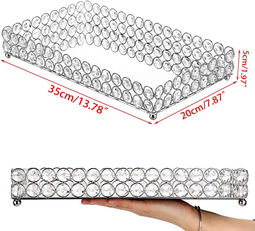 Crystal Cosmetic Vanity Tray, Mirrored Decorative Jewelry Organizer Tray for Perfume, Trinket, Makeup Display Dresser Home Decor (Large, Silver)