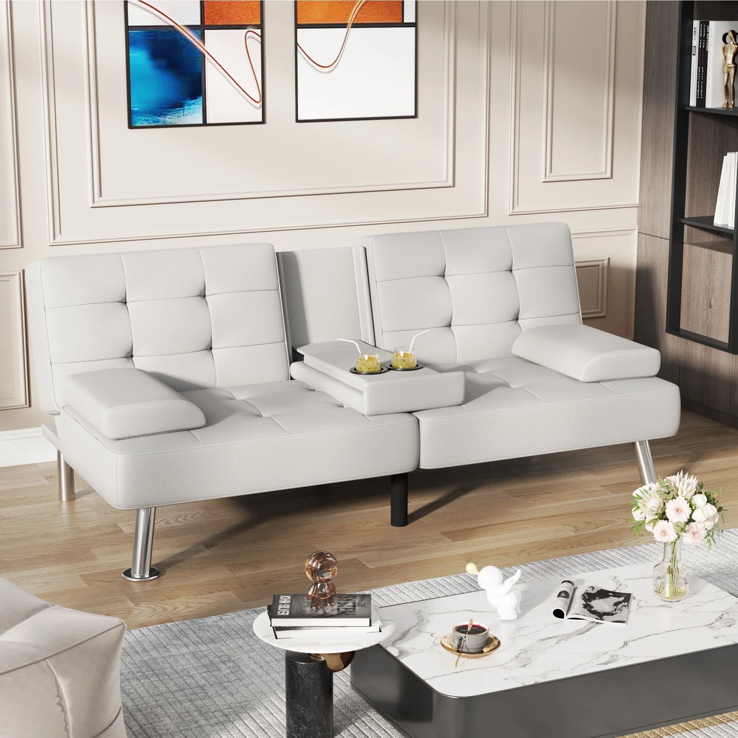 Futon Sofa Bed Faux Leather Couch Modern Convertible Folding Recliner with 2 Cup Holders