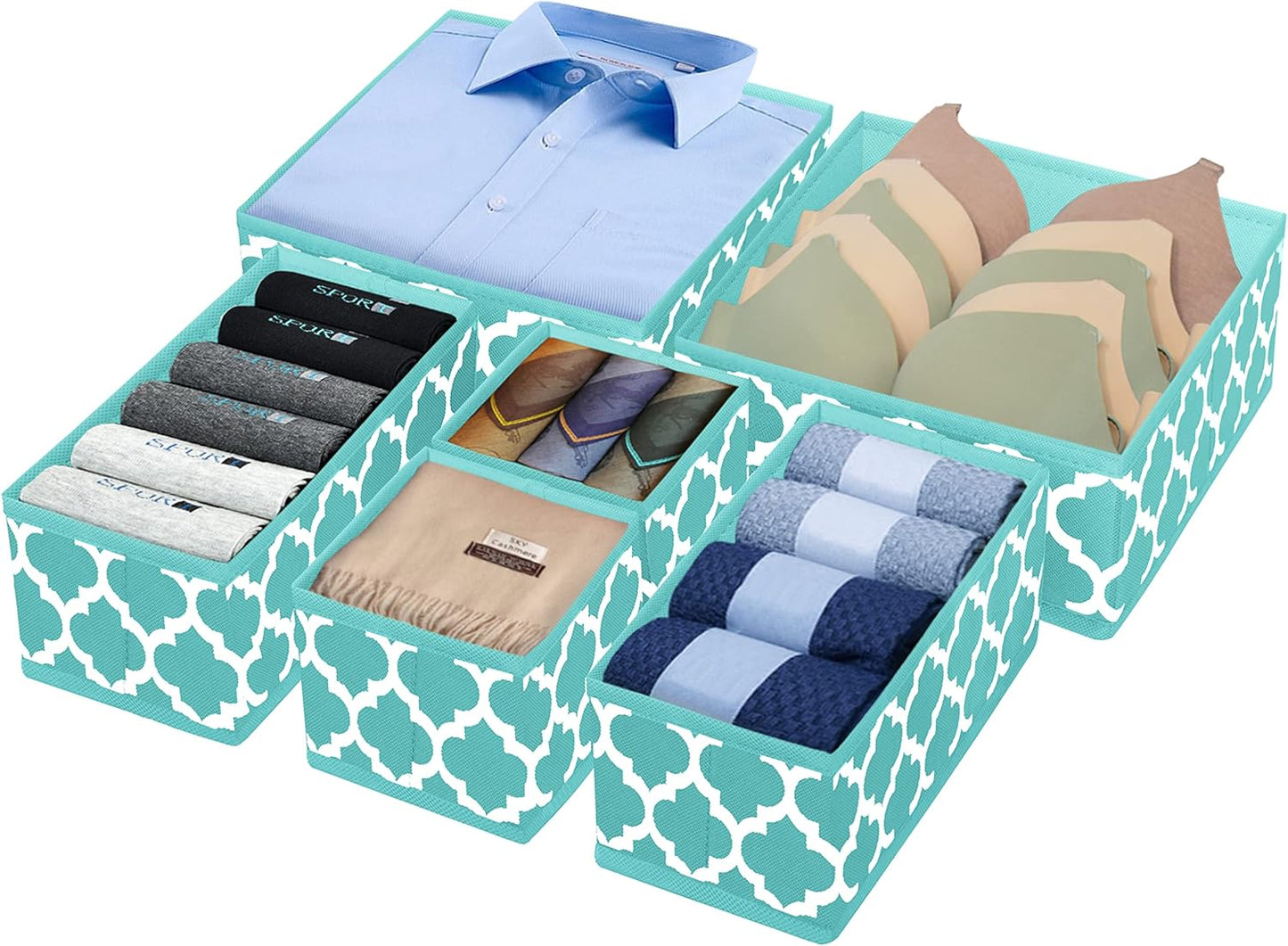 Underwear Drawer Organizer for Clothing - Fabric Drawer Dividers Box, Foldable Dresser Basket Storage Bins for Bra, Socks, Lingerie, Baby Clothes, Bedroom, Set of 6 (Blue Lantern Printing)