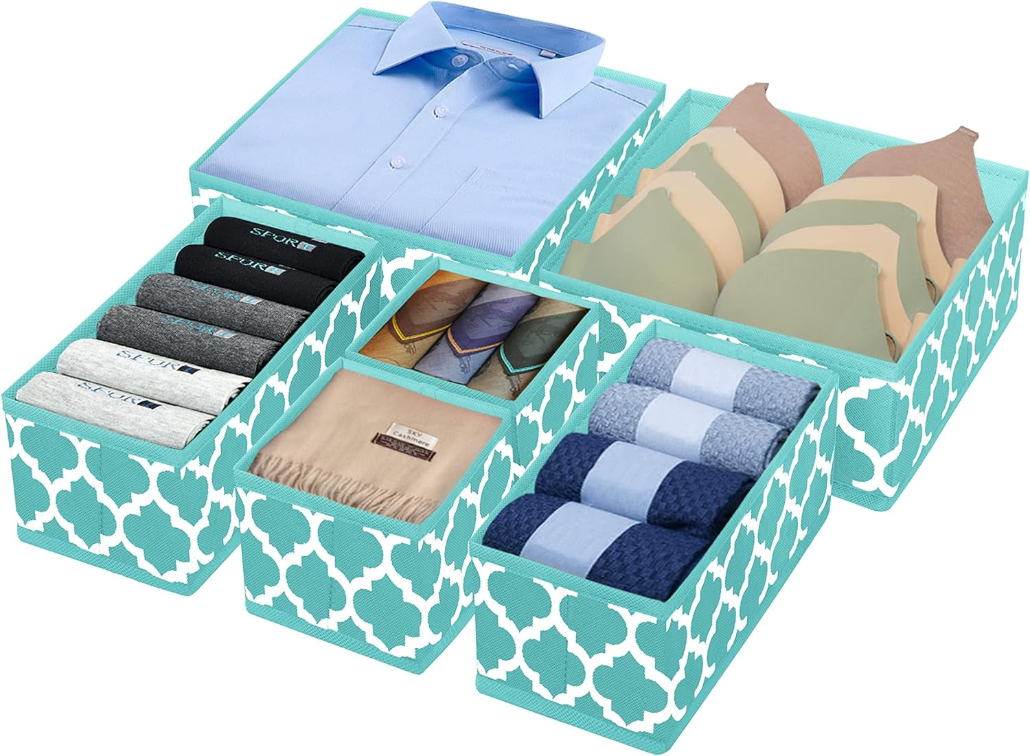 Underwear Drawer Organizer for Clothing - Fabric Drawer Dividers Box, Foldable Dresser Basket Storage Bins for Bra, Socks, Lingerie, Baby Clothes, Bedroom, Set of 6 (Blue Lantern Printing)