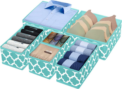 Underwear Drawer Organizer for Clothing - Fabric Drawer Dividers Box, Foldable Dresser Basket Storage Bins for Bra, Socks, Lingerie, Baby Clothes, Bedroom, Set of 6 (Blue Lantern Printing)