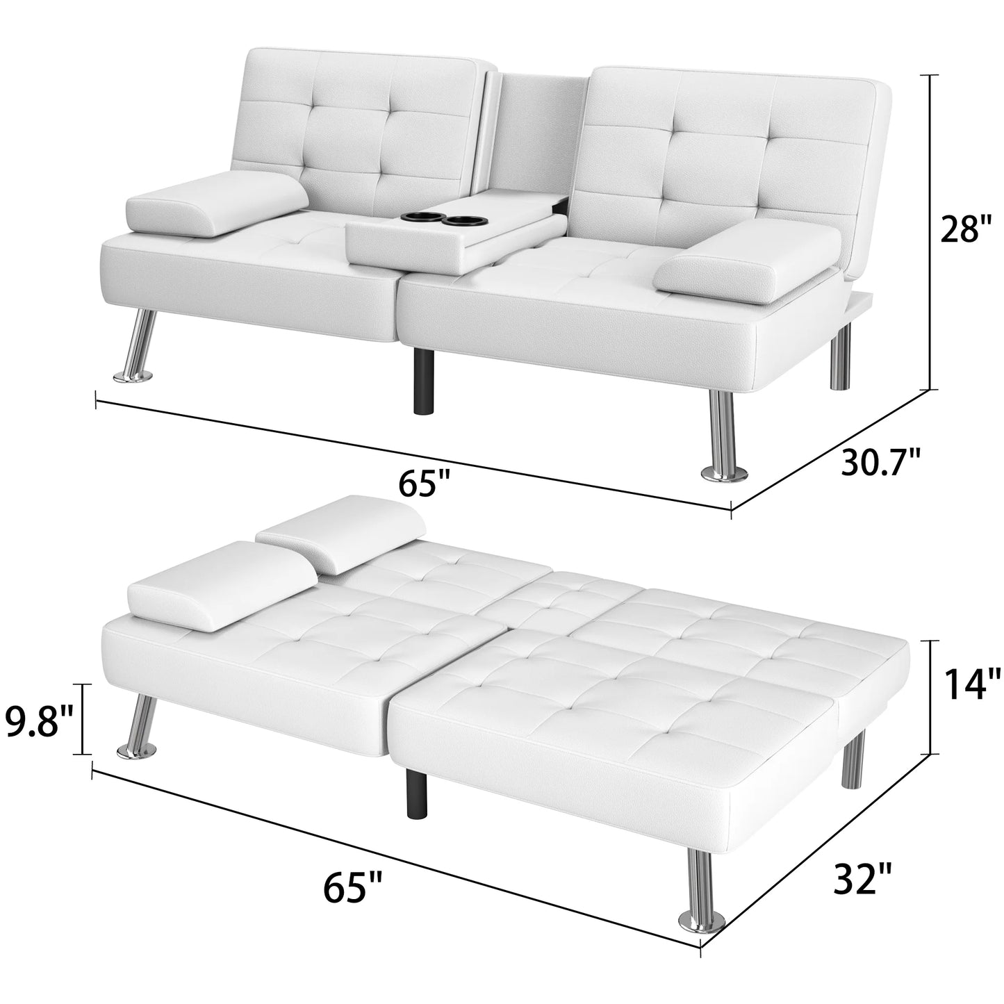 Futon Sofa Bed Faux Leather Couch Modern Convertible Folding Recliner with 2 Cup Holders