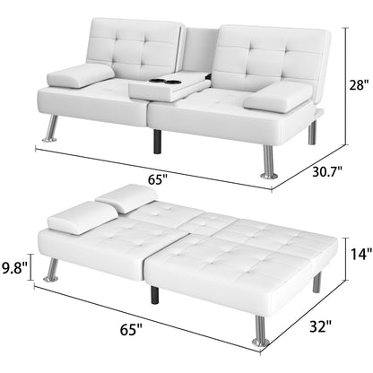 Futon Sofa Bed Faux Leather Couch Modern Convertible Folding Recliner with 2 Cup Holders