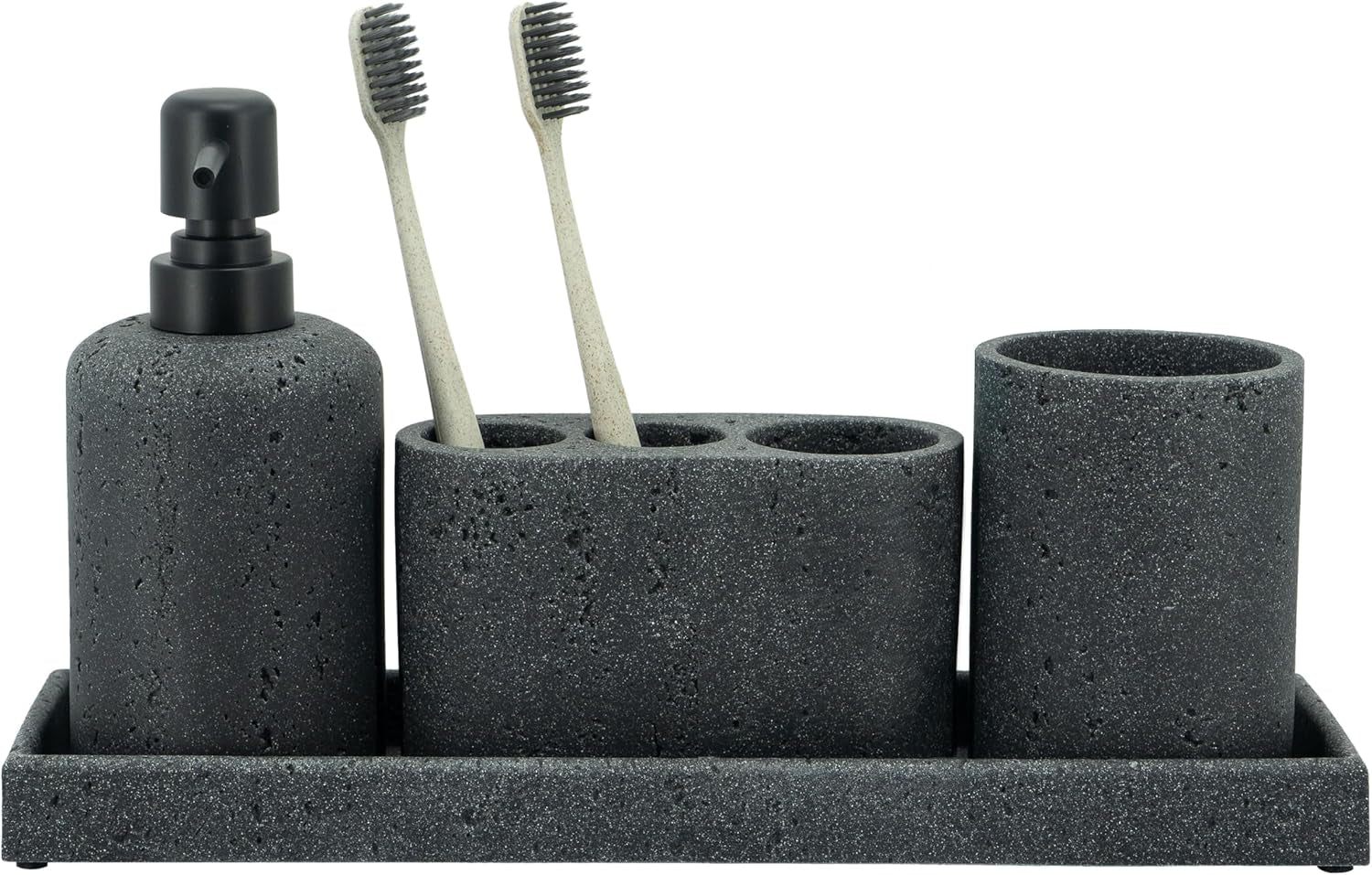 - Black Bathroom Accessories Set 4 Pcs - Toothbrush Holder, Soap Dispenser, Vanity Tray, Bathroom Tumbler - Countertop Vanity Organizer - Bathroom Accessory Set- Toothbrush Holder Set, Stone Sets