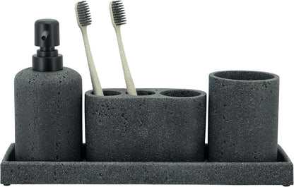 - Black Bathroom Accessories Set 4 Pcs - Toothbrush Holder, Soap Dispenser, Vanity Tray, Bathroom Tumbler - Countertop Vanity Organizer - Bathroom Accessory Set- Toothbrush Holder Set, Stone Sets