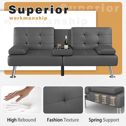 Futon Sofa Bed Faux Leather Couch Modern Convertible Folding Recliner with 2 Cup Holders