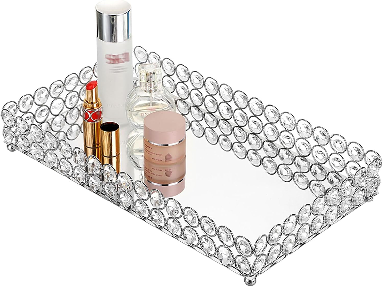 Crystal Cosmetic Vanity Tray, Mirrored Decorative Jewelry Organizer Tray for Perfume, Trinket, Makeup Display Dresser Home Decor (Large, Silver)