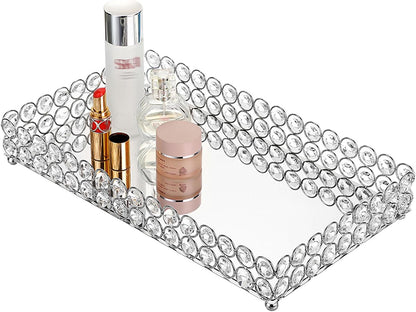Crystal Cosmetic Vanity Tray, Mirrored Decorative Jewelry Organizer Tray for Perfume, Trinket, Makeup Display Dresser Home Decor (Large, Silver)