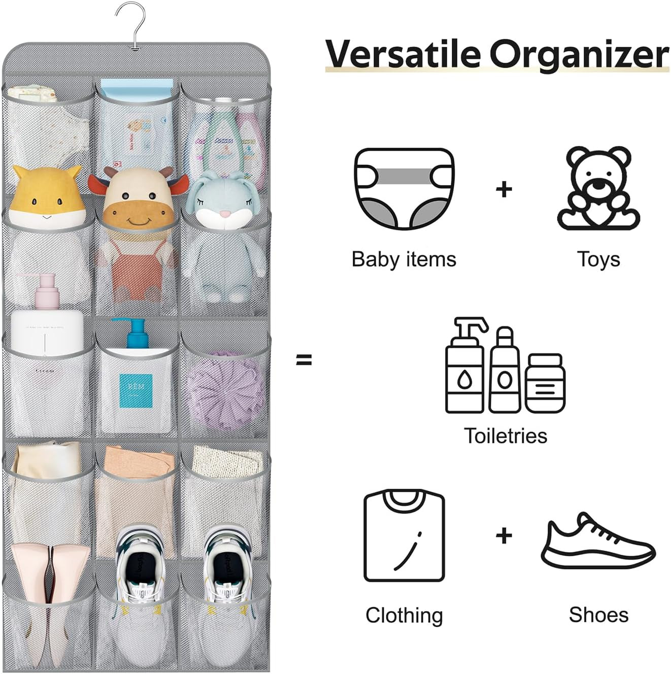 30 Large Pockets Dual Sided Hanging Shoe Organizer for Closet with Rotating Hanger Hanging Shoe Shelves, Grey