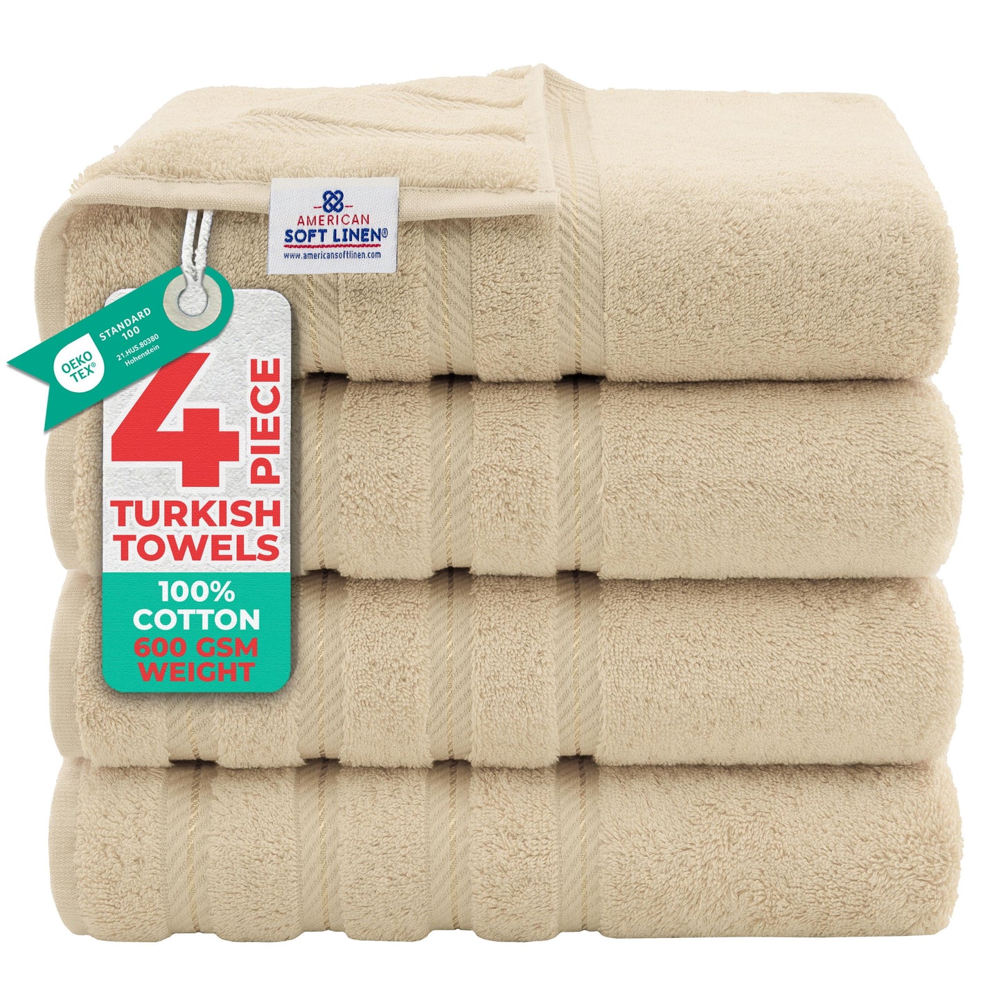 Luxury 4 Piece Bath Towel Set, 100% Cotton Turkish Bath Towels for Bathroom, Beige