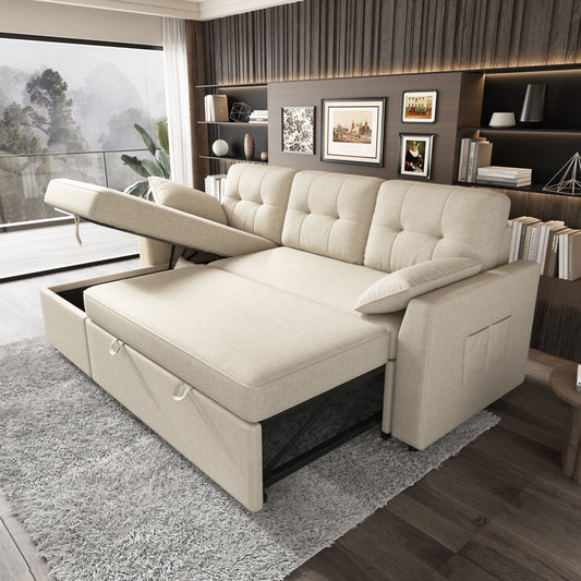 Sectional Sofa Bed with Storage and Soft Seat ,Reversible Pull Out Couch for Living Room,Beige
