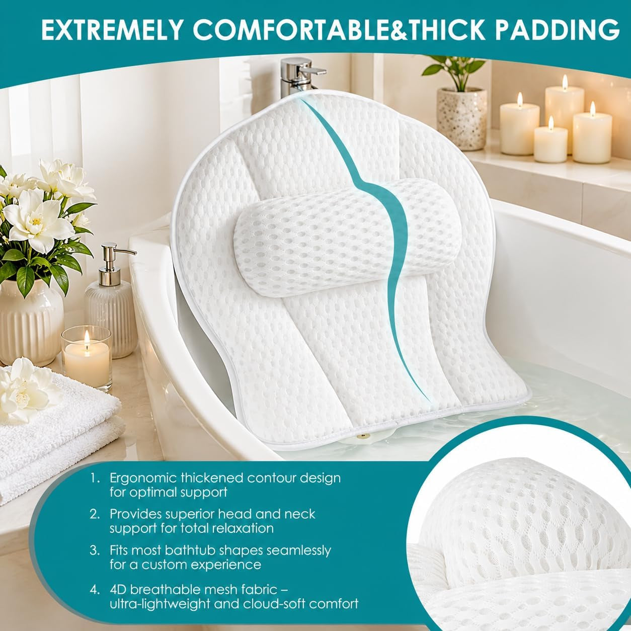 Bath Pillows for Tub,Luxury Bath Pillow for Neck and Back Support-With Comfortable Breathable Cotton 6 Non-Slip Suction (Regular Version)
