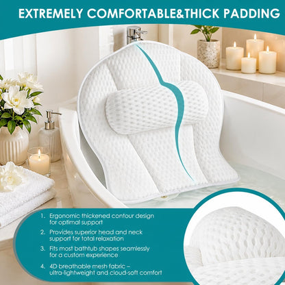 Bath Pillows for Tub,Luxury Bath Pillow for Neck and Back Support-With Comfortable Breathable Cotton 6 Non-Slip Suction (Regular Version)