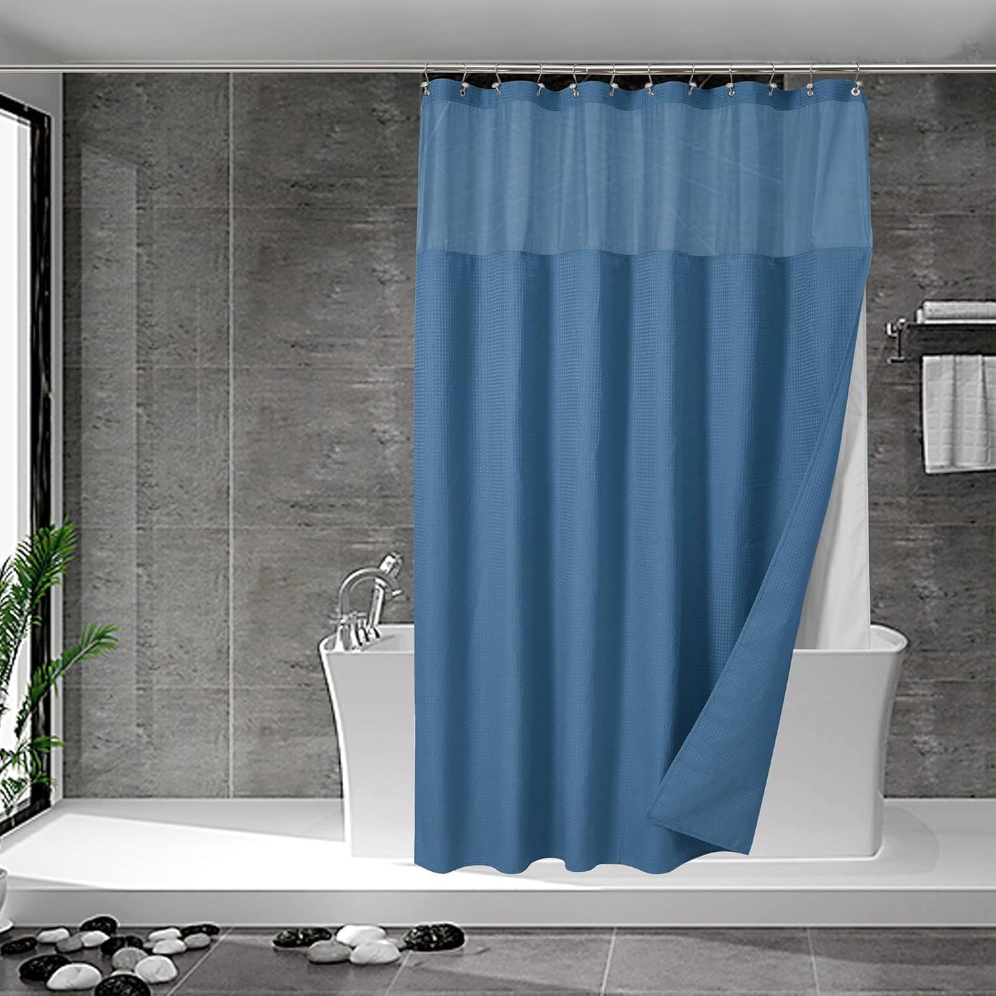 Waffle Weave Shower Curtain with Snap-In Fabric Liner & Hooks Set - Hotel Style, Waterproof & Washable, Heavyweight Fabric & Mesh Top Window - 71X72, Sage Green
