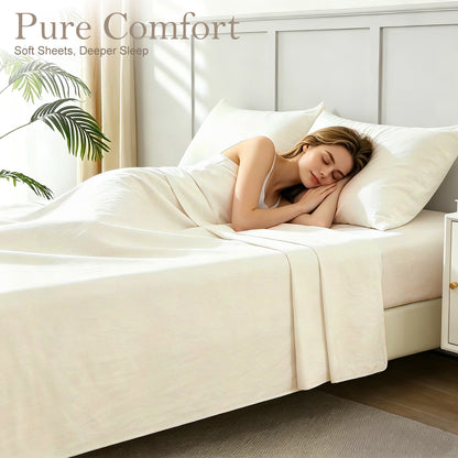 Bed Sheets Set 4 Piece King Sheet Set Cream Cotton Blend Fitted Sheet, Flat Sheet & 2 Pillowcases Bedding Set