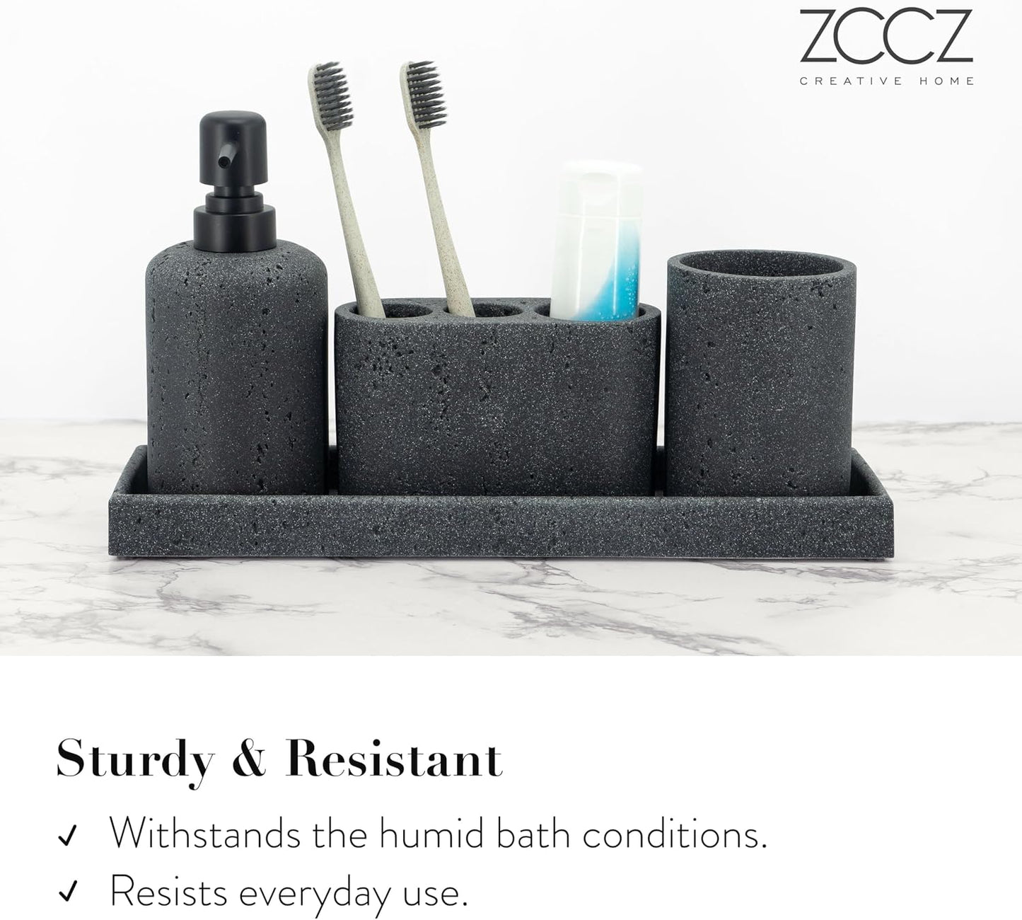 - Black Bathroom Accessories Set 4 Pcs - Toothbrush Holder, Soap Dispenser, Vanity Tray, Bathroom Tumbler - Countertop Vanity Organizer - Bathroom Accessory Set- Toothbrush Holder Set, Stone Sets