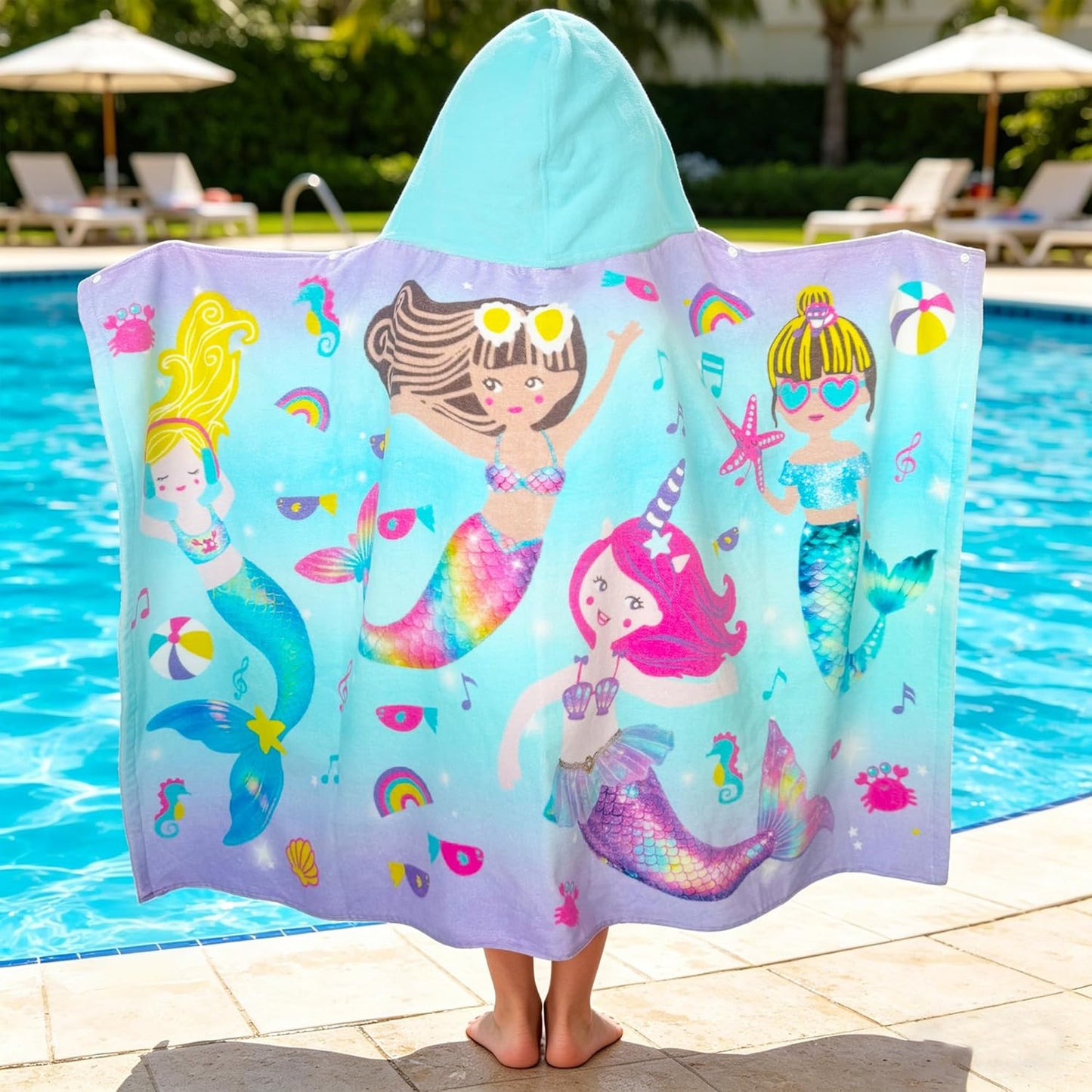 Kids Hooded Beach Towel Age 3-8, 30''X50,Soft | Thick | Large | 100% Cotton,Absorbent Beach, Bath, Pool Towels Wrap for Girls, Sea Mermaid