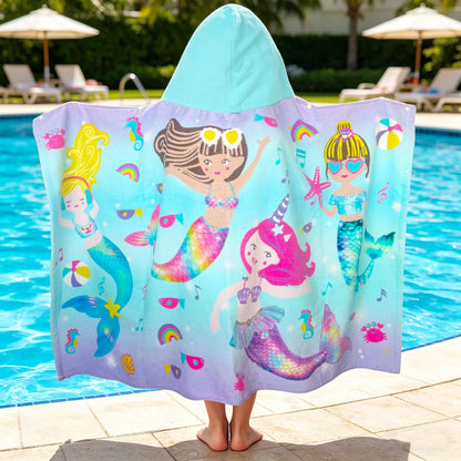 Kids Hooded Beach Towel Age 3-8, 30''X50,Soft | Thick | Large | 100% Cotton,Absorbent Beach, Bath, Pool Towels Wrap for Girls, Sea Mermaid