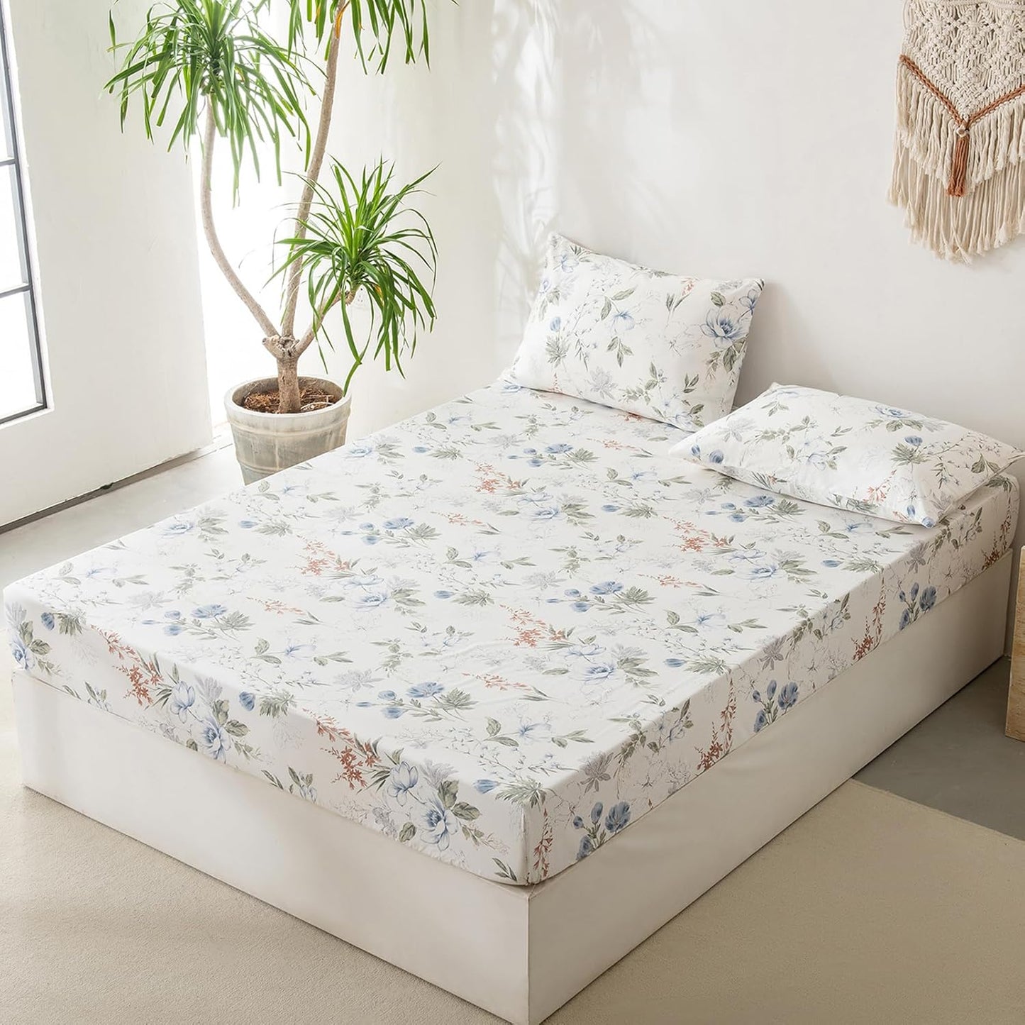 Green Floral Sheet Set 100% Cotton Sheets - Crispy Cooling Percale Sheets for King Size Bed, Breathable & Durable Queen Sheet Set, 3 Pieces All Seasons Sheet Set