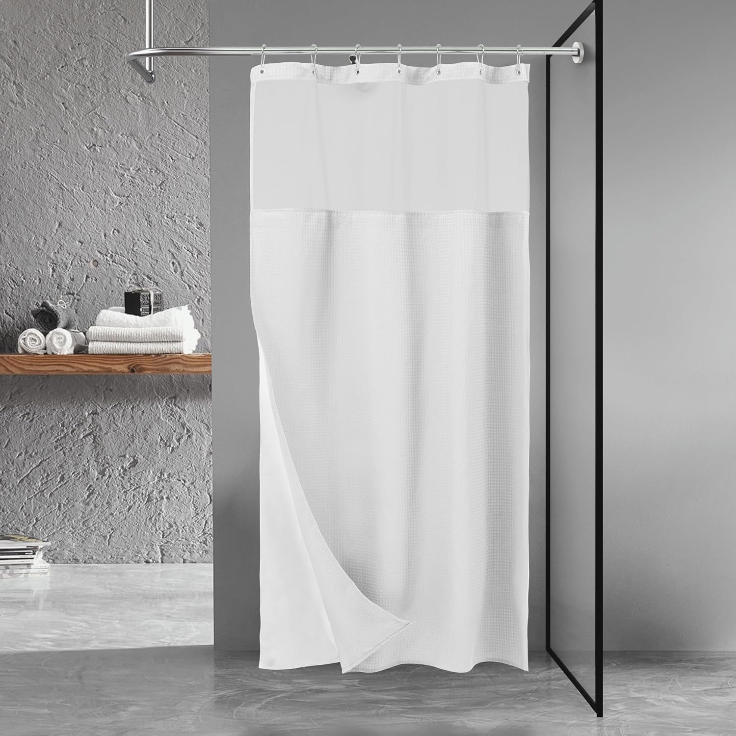 Waffle Weave Shower Curtain with Snap-In Fabric Liner & Hooks Set - Hotel Style, Waterproof & Washable, Heavyweight Fabric & Mesh Top Window - 71X72, Sage Green