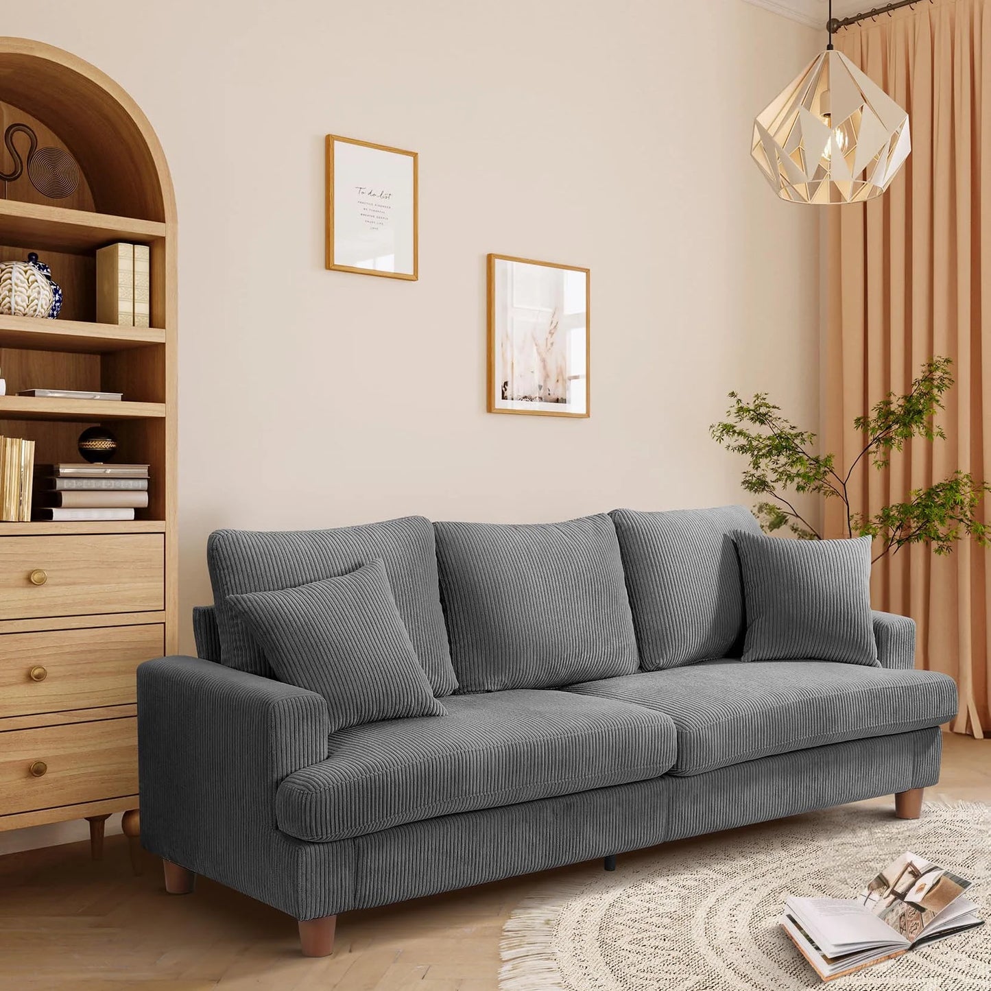 87" Corduroy Sofa,3 Seater Sofa Extra Deep Seats, Comfy Upholstered Couch for Living Room,2 Pillows,Gray