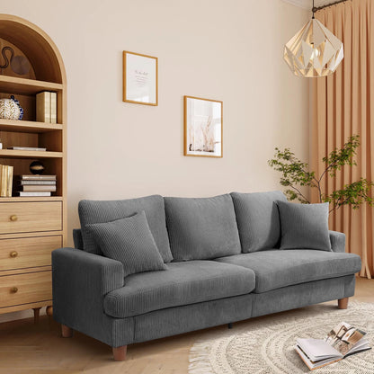 87" Corduroy Sofa,3 Seater Sofa Extra Deep Seats, Comfy Upholstered Couch for Living Room,2 Pillows,Gray