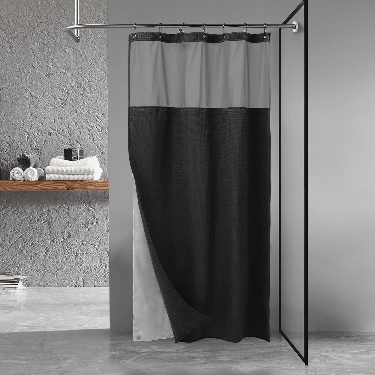 Waffle Weave Shower Curtain with Snap-In Fabric Liner & Hooks Set - Hotel Style, Waterproof & Washable, Heavyweight Fabric & Mesh Top Window - 71X72, Sage Green