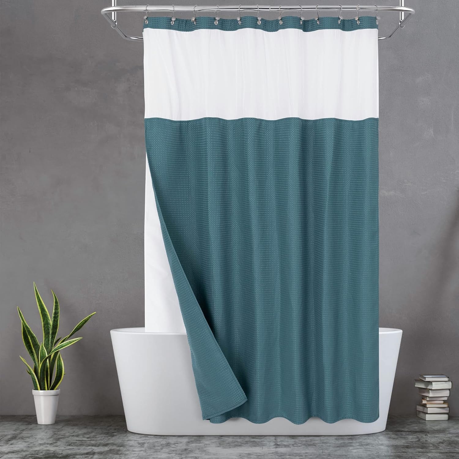 Waffle Weave Shower Curtain with Snap-In Fabric Liner & Hooks Set - Hotel Style, Waterproof & Washable, Heavyweight Fabric & Mesh Top Window - 71X72, Sage Green