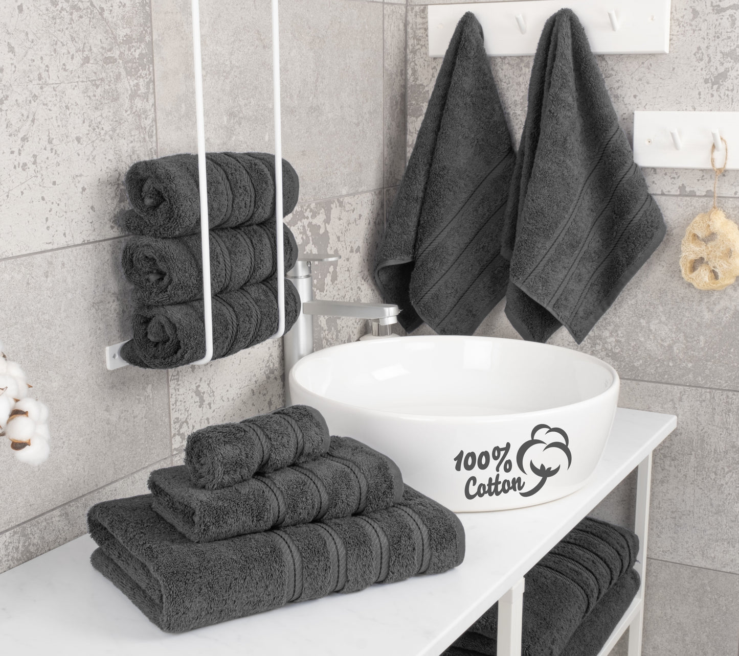 Turkish 6 Piece Towel Set, 100% Cotton Premium Soft Bathroom Towels, Dark Gray