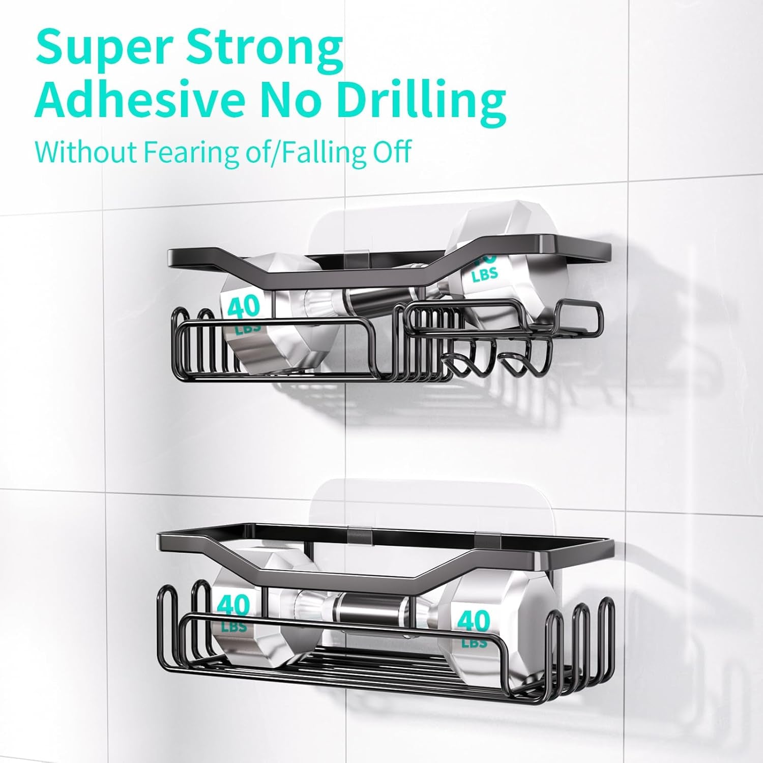Storage Shower Shelves, Shower Caddy Organiser with 11 Hooks, Shelf with Razor Holder,Soap Dish,Towel Hook Bathroom Accessories Black,3 Sticker,2 Pcs