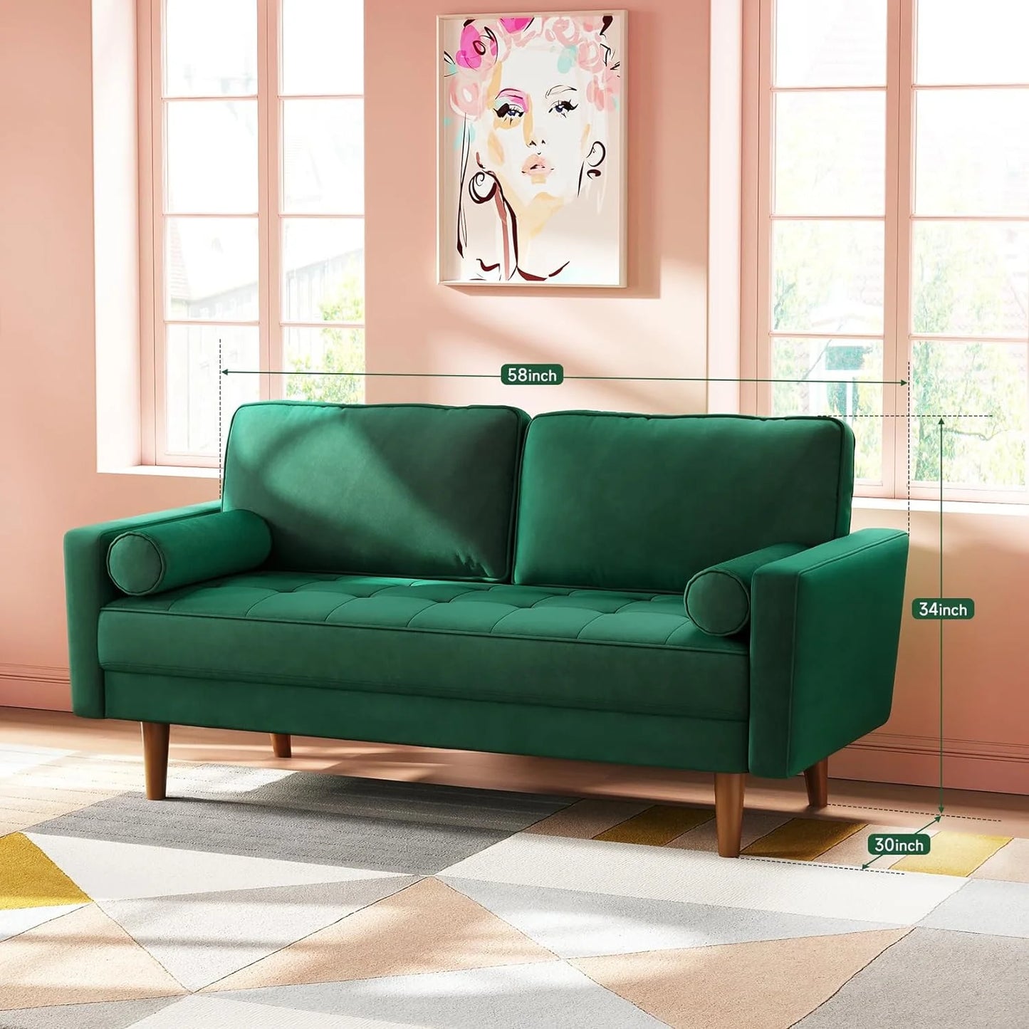 59" Velvet Spring Sofa Couch for Living Room, Office, Small Space, Solid Wood Leg, One Box, Green