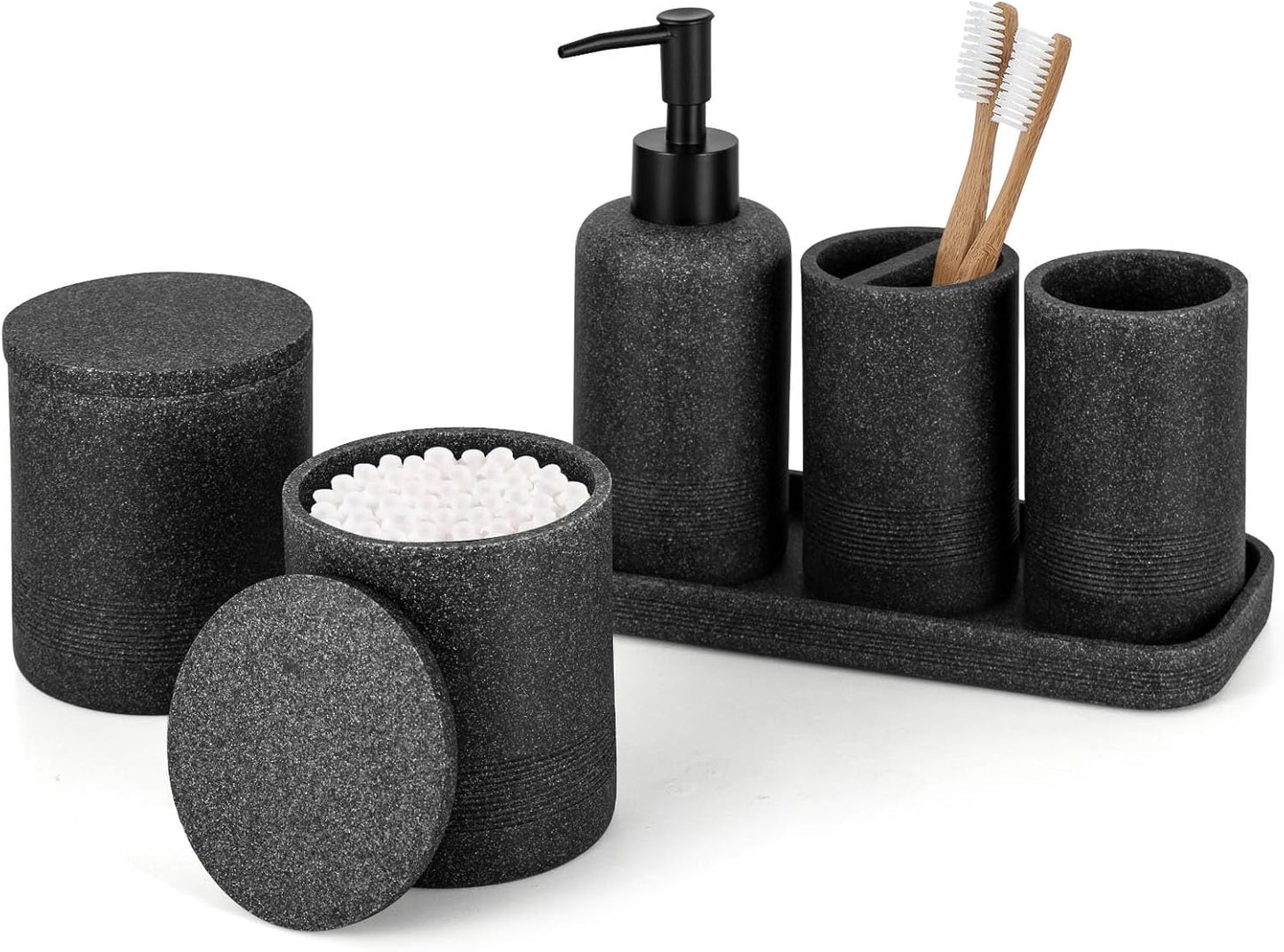 - Black Bathroom Accessories Set 4 Pcs - Toothbrush Holder, Soap Dispenser, Vanity Tray, Bathroom Tumbler - Countertop Vanity Organizer - Bathroom Accessory Set- Toothbrush Holder Set, Stone Sets