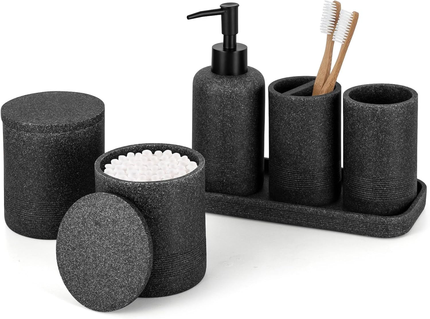 - Black Bathroom Accessories Set 4 Pcs - Toothbrush Holder, Soap Dispenser, Vanity Tray, Bathroom Tumbler - Countertop Vanity Organizer - Bathroom Accessory Set- Toothbrush Holder Set, Stone Sets