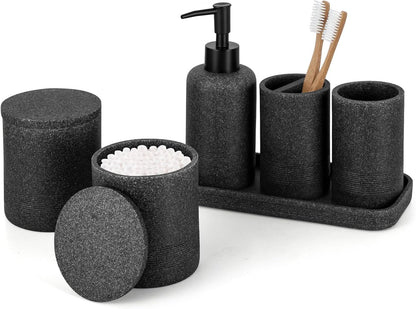 - Black Bathroom Accessories Set 4 Pcs - Toothbrush Holder, Soap Dispenser, Vanity Tray, Bathroom Tumbler - Countertop Vanity Organizer - Bathroom Accessory Set- Toothbrush Holder Set, Stone Sets