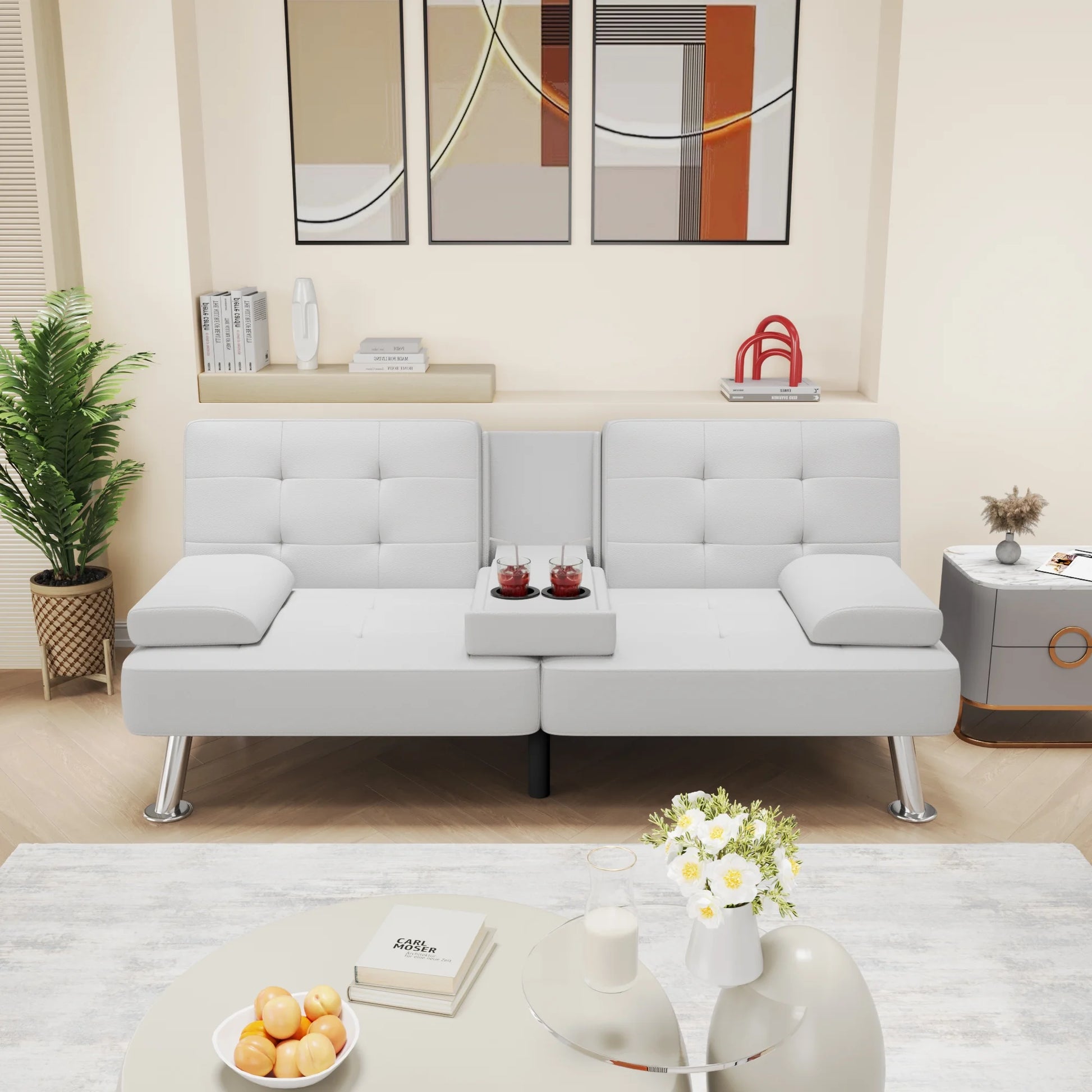 Futon Sofa Bed Faux Leather Couch Modern Convertible Folding Recliner with 2 Cup Holders