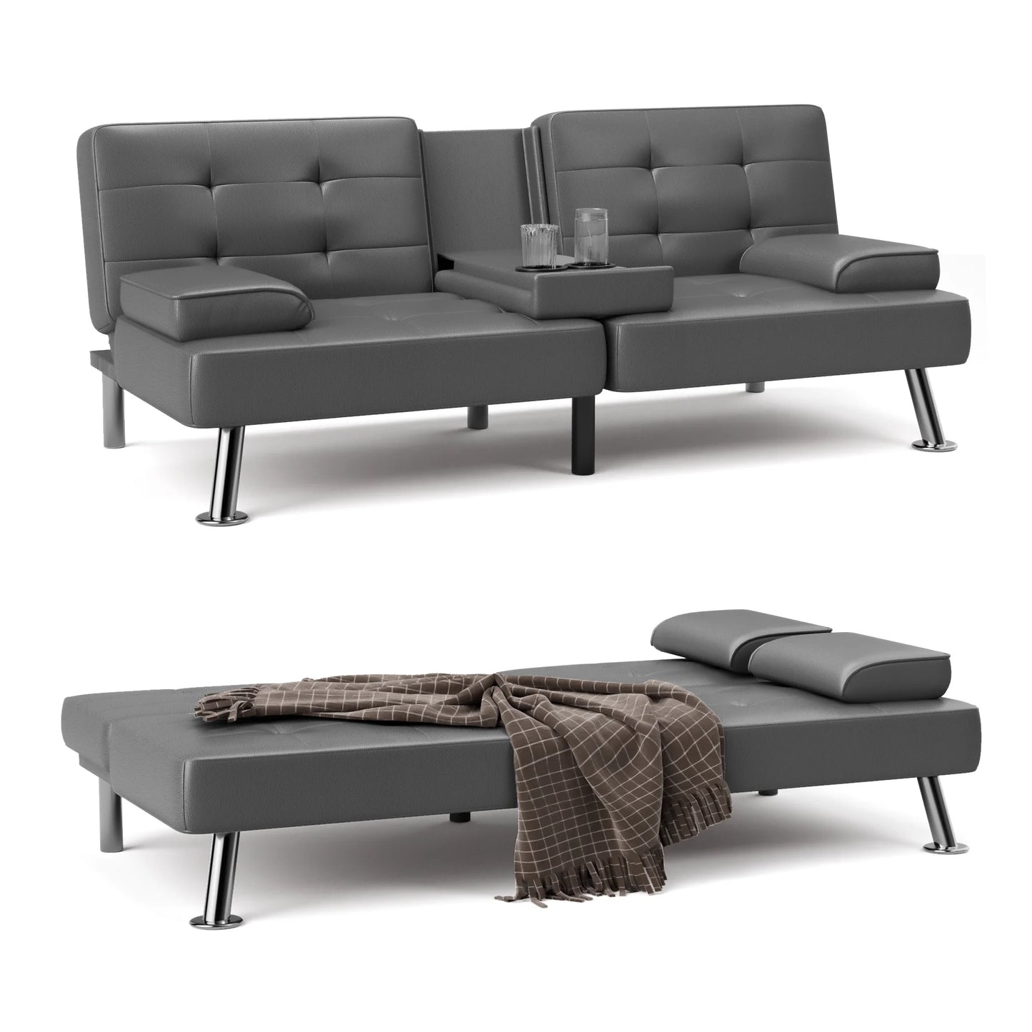 Futon Sofa Bed Faux Leather Couch Modern Convertible Folding Recliner with 2 Cup Holders