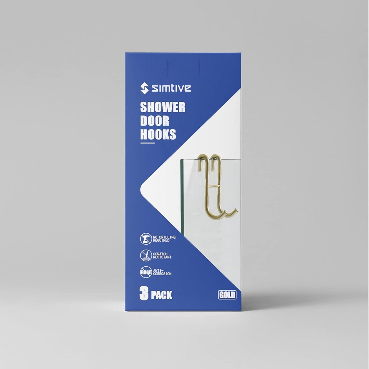 Shower Door Hooks (3-Pack), Towel Hooks for Bathroom Frameless Glass Door, Shower Squeegee Hooks, Gold